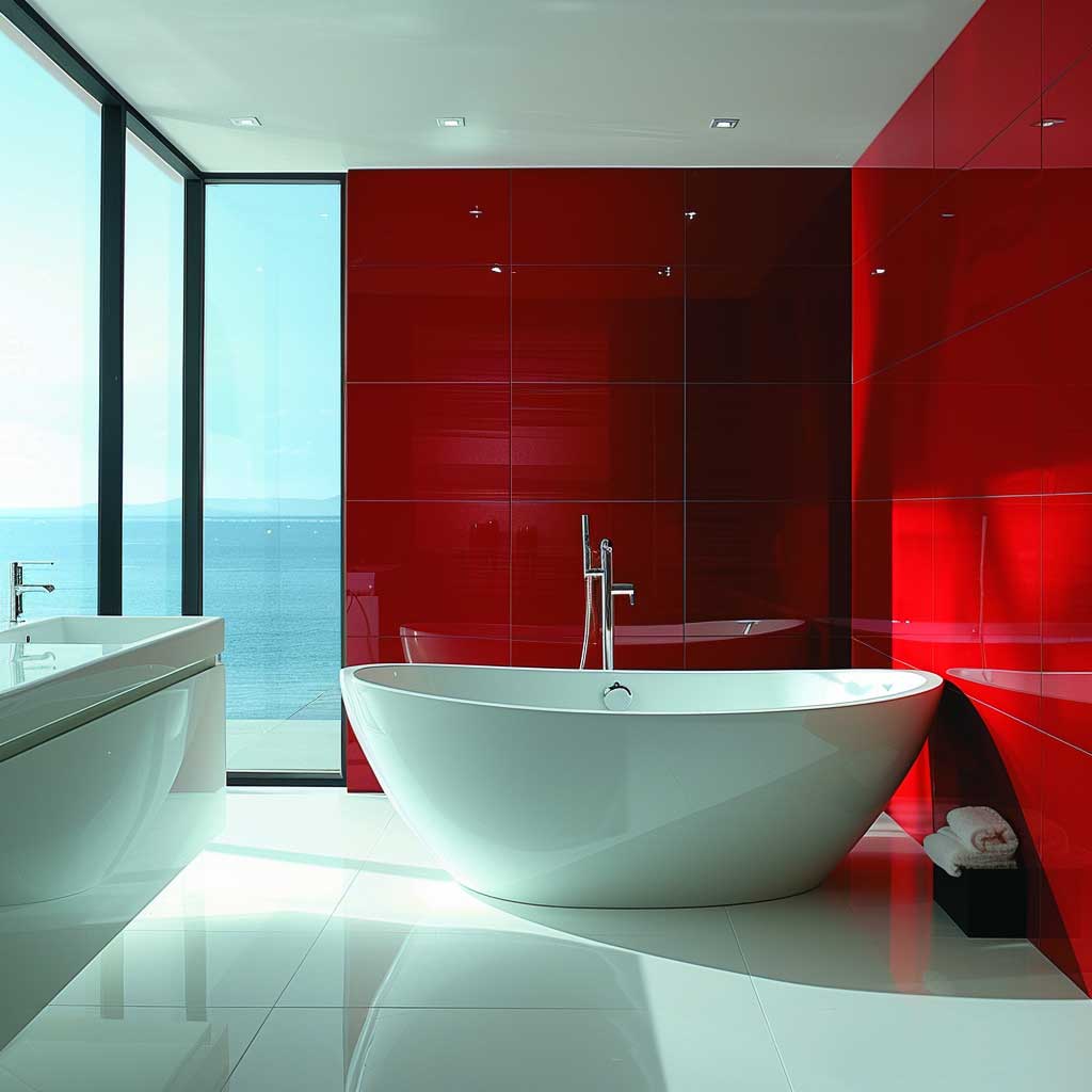 طراحی حمام با رنگ قرمز و سفید