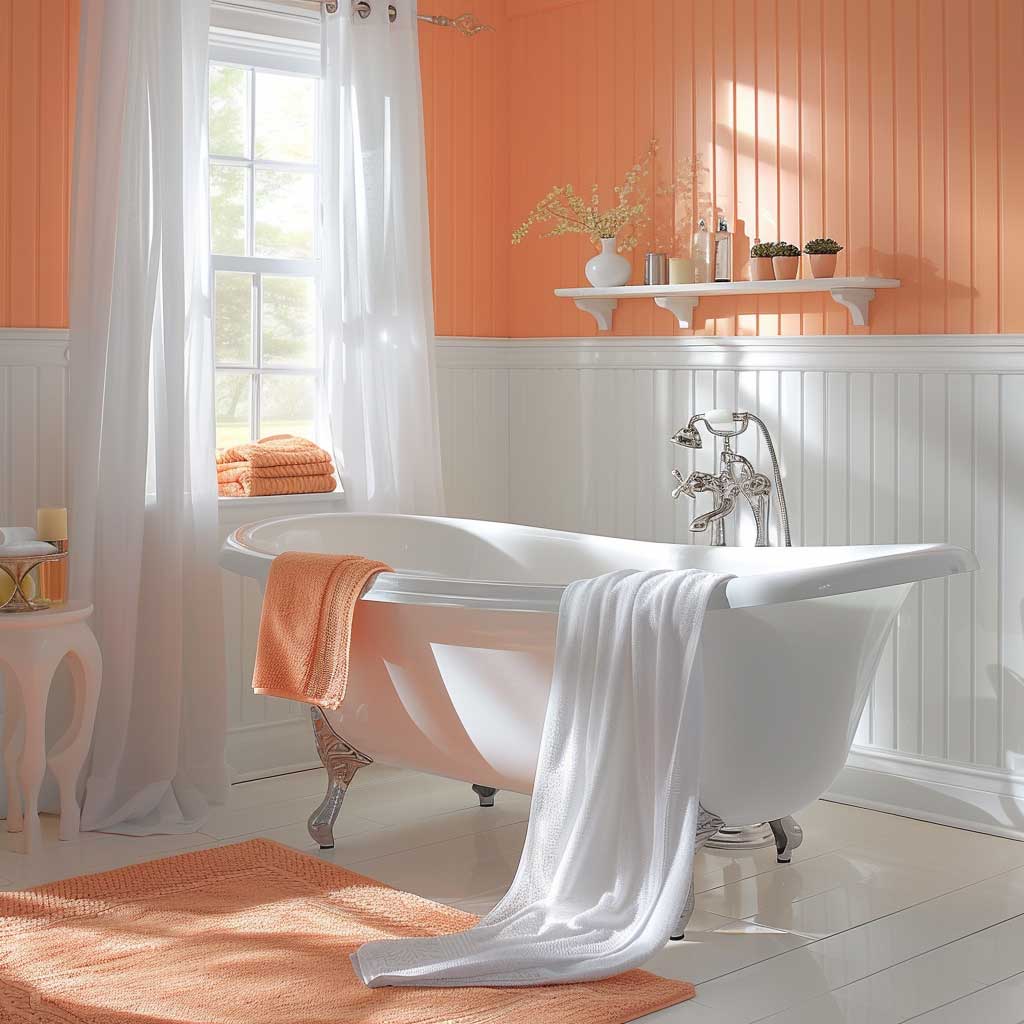 دیزاین و طراحی حمام نارنجی و سفید