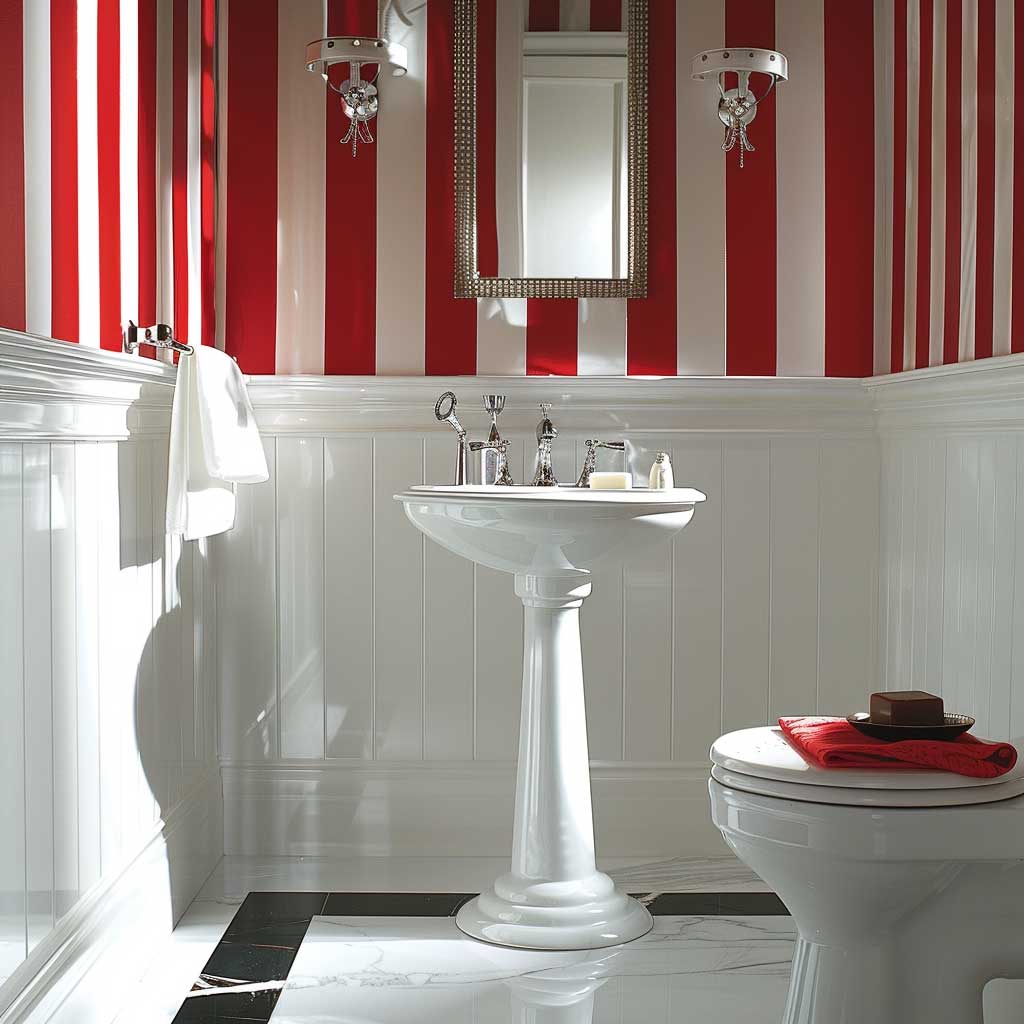 دیوارهای راه راه کلاسیک قرمز و سفید در حمام مدرن