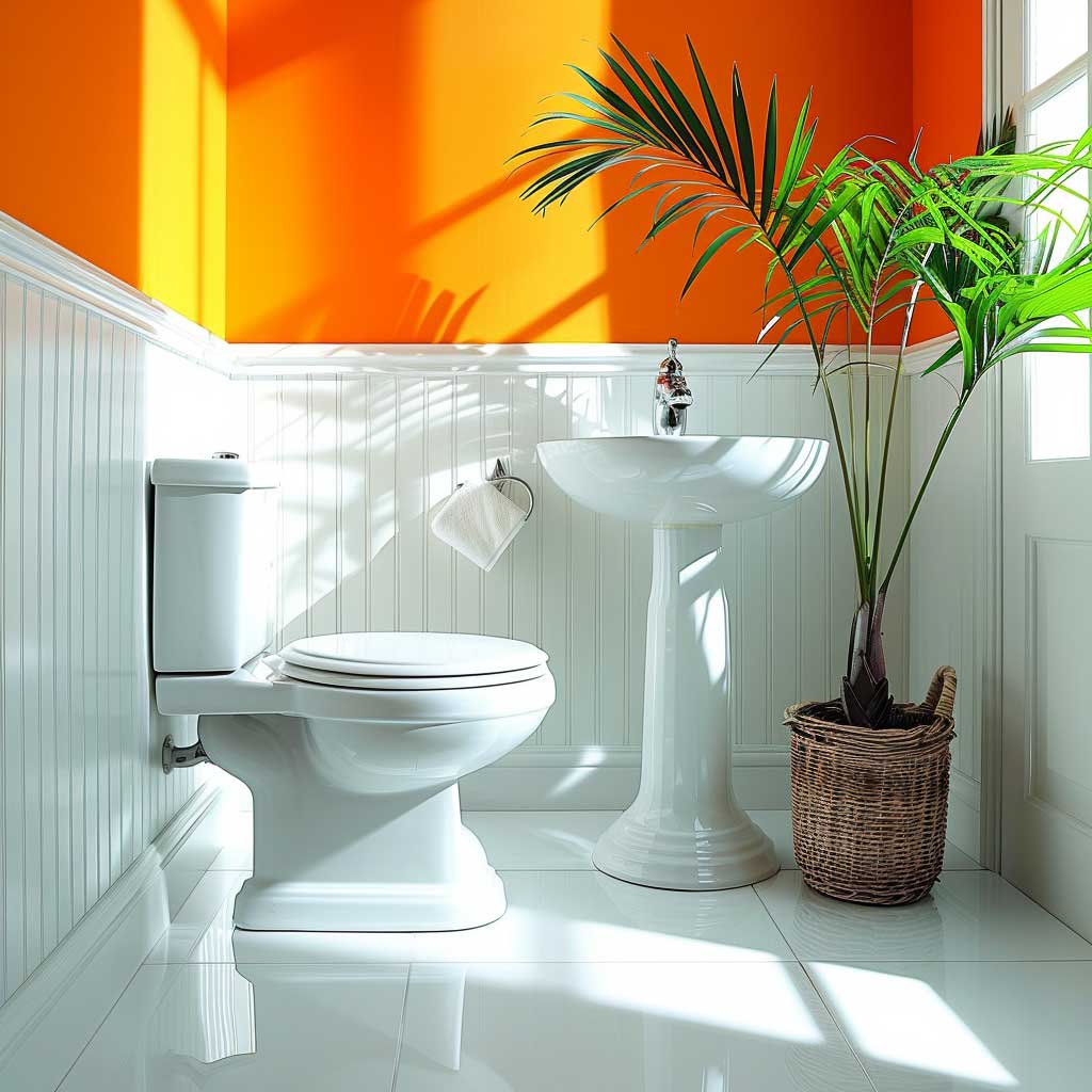 دیزاین و طراحی حمام نارنجی و سفید 