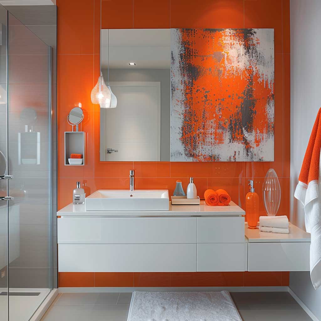 دیزاین و طراحی حمام نارنجی و سفید 