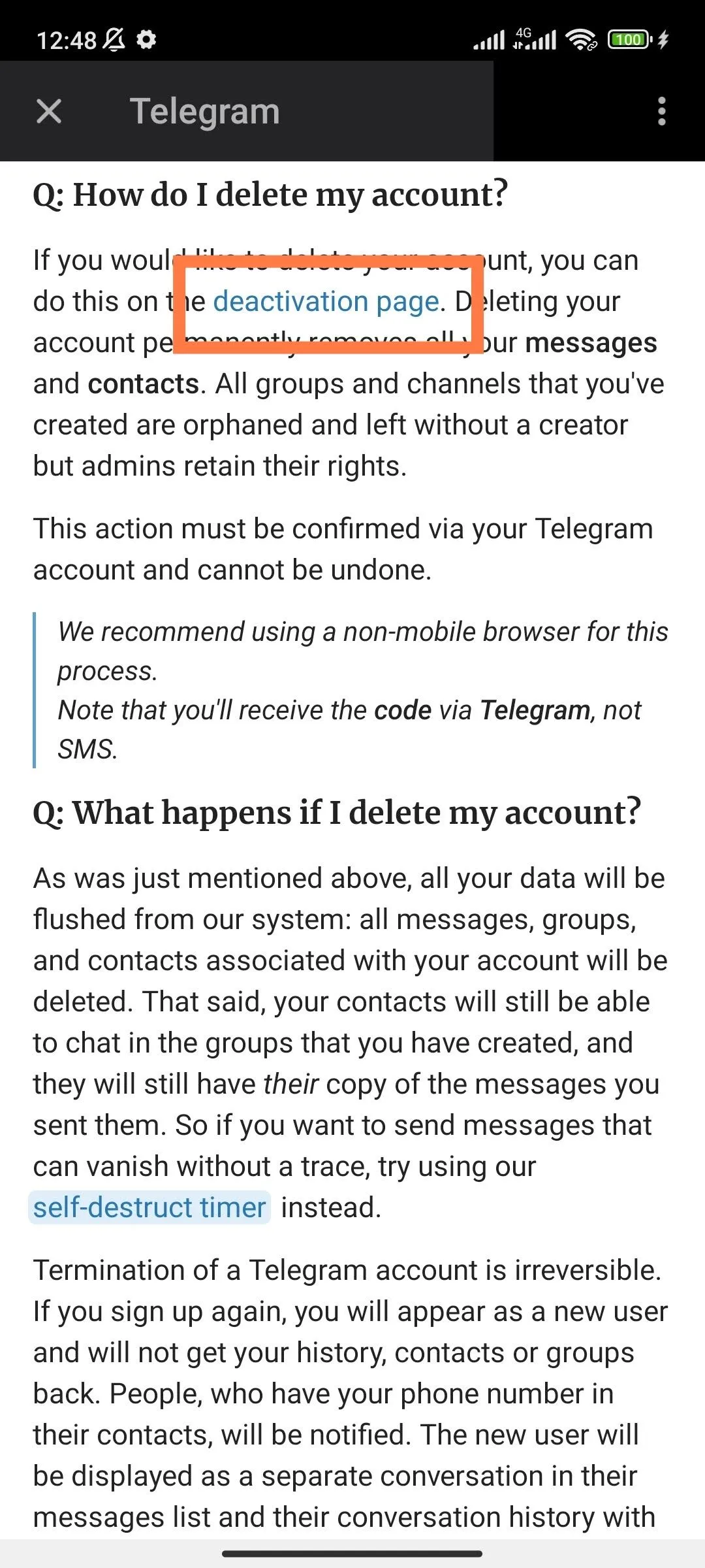 مرحله‌ای برای حذف اکانت تلگرام از طریق گوشی