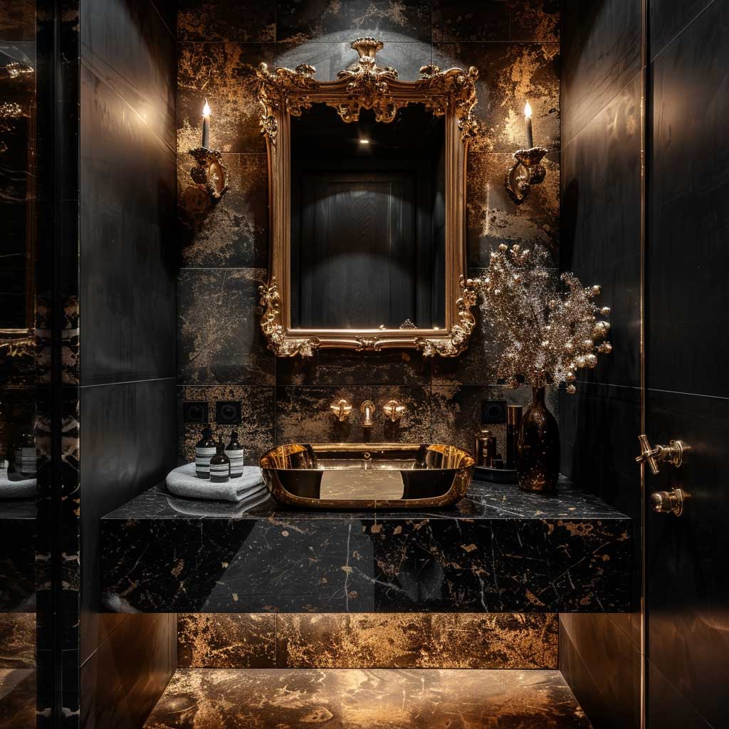  طراحی حمام با ترکیب رنگ‌های مشکی و طلایی