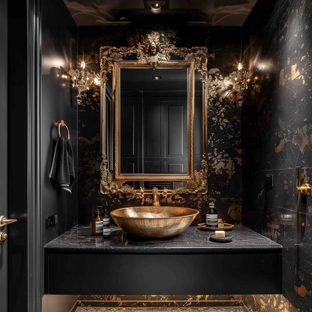  طراحی حمام با ترکیب رنگ‌های مشکی و طلایی