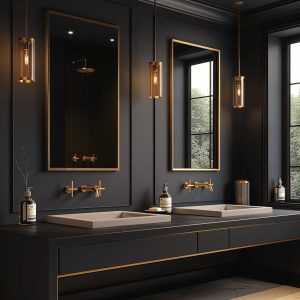 ایده‌های لوکس برای طراحی حمام با ترکیب رنگ‌های مشکی و طلایی