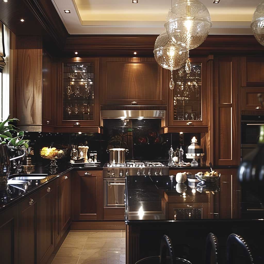 ایده های آشپزخانه کلاسیک میز مشکی با نورپردازی چشمگیر