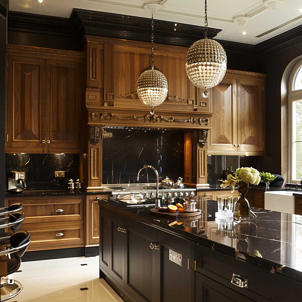ایده های آشپزخانه کلاسیک میز مشکی با نورپردازی چشمگیر