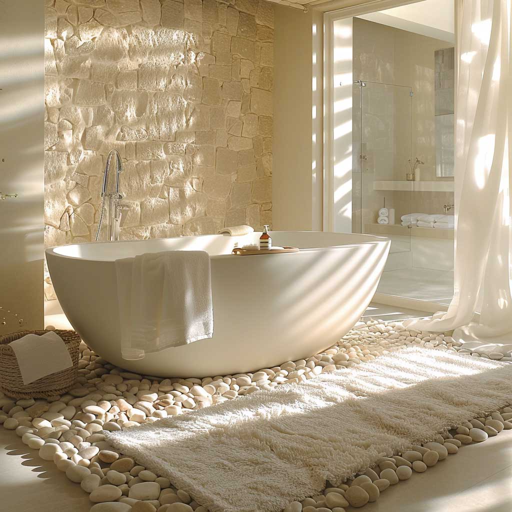 پالت تزیینات داخلی حمام سفید سنگریزه نرم و رنگ بژ آرام