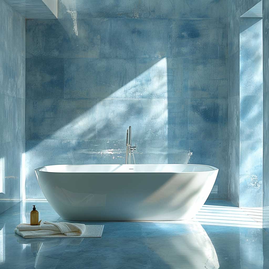 پالت دکوراسیون داخلی حمام آبی آرامش بخش و خاکستری ملایم