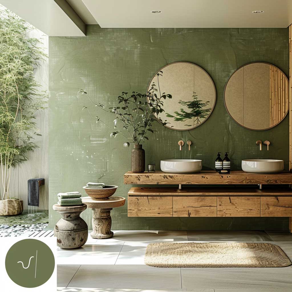 پالت رنگی الهام‌گرفته از باغ ذن: سبزهای آرامش‌بخش و قهوه‌ای‌های طبیعی برای دکوراسیون حمام