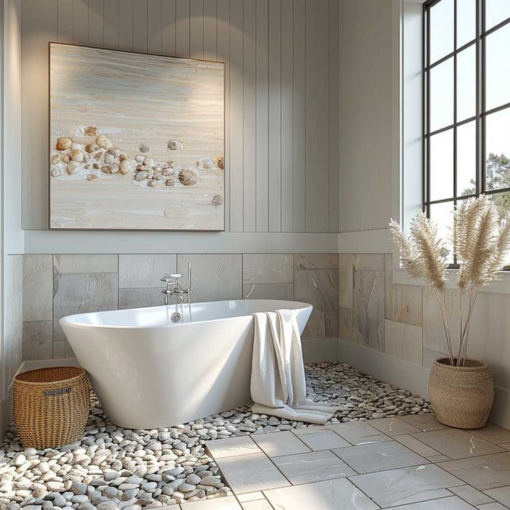 پالت تزیینات داخلی حمام سفید سنگریزه نرم و رنگ بژ آرام